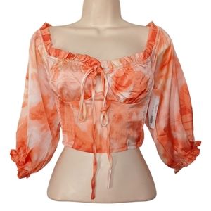 SWEETIES O.VIANCE Peach Orange Tie Dye Print Long Sleeve Smocked Top Small NWT